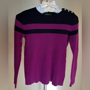 Ralph Lauren Women's L Crew Sweater Purple and Black 3 button closure.